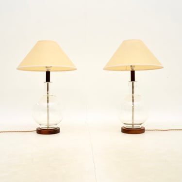 Pair of Vintage Italian Walnut and Glass Table Lamps