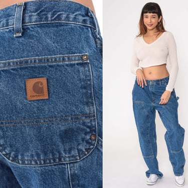 90s Carhartt Jeans Double Front Hammer Loop Utility Jeans Relaxed Straight Leg Denim Pants Workwear Blue Vintage Work Wear Men's 34 x 32 