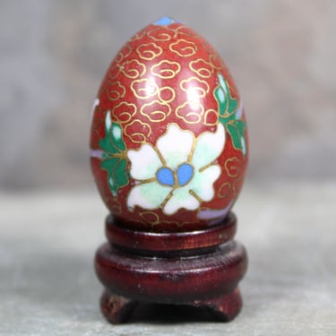 Vintage Cloisonné Mini Egg on Wooden Stand | Asian Art Egg | Floral Cloisonné 
