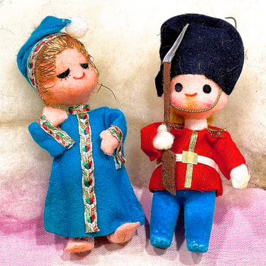 VINTAGE: 2pcs - Flocked Doll Ornaments - Girl in Pijamas and Soldier - Made on Japan - Holiday, Christmas, Xmas - SKU 00035072 