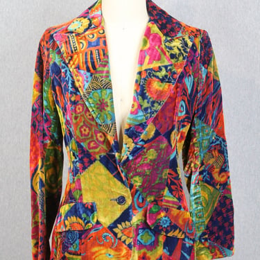 1970s Crushed Velvet Blazer by F.A. Chatta - 70s Floral Jacket - Psychedelic, Retro - Jewel Tones 
