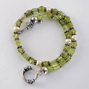 70's prasiolite pearl sterling boho ankle bracelet, green quartz bead & barrel potato pearl 925 silver hippie anklet 