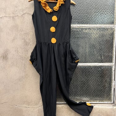 Antique 1920s Black & Orange Clown Suit Costume Ruffle Pointy Pockets Halloween