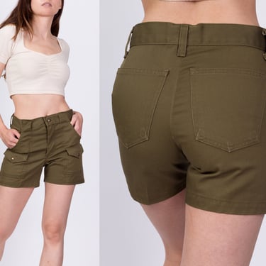 70s High Waist Boy Scout Uniform Shorts - XS to Small | Vintage Olive Green Utility Cargo Shorts 