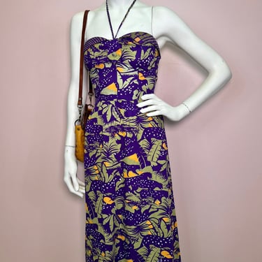 Vtg 70s 80s safari tropical leopard print halter dress 