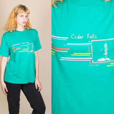 Retro 80s Cedar Falls T Shirt - Large | Vintage Teal Graphic Travel Tee 