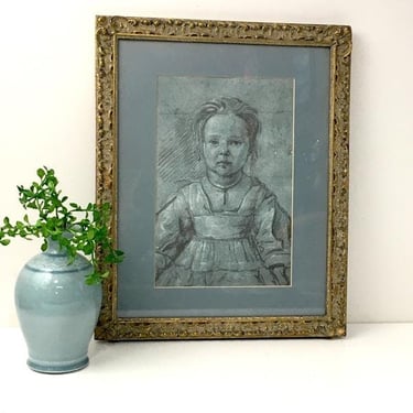 Florentine pencil study of a young girl - gesso framed print in soft blue - vintage decor 