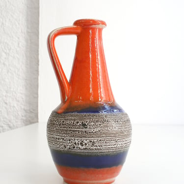 Vintage Vibrant Orange Blue Bay Keramik Fat Lava Tall Elegant Pitcher Vase Modernist Minimalist West German with Handle Black White Textured 