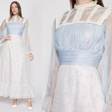 XS 70s Baby Blue Sheer Sleeve Prairie Dress | Vintage Boho Girly Floral Maxi Prom Gown 