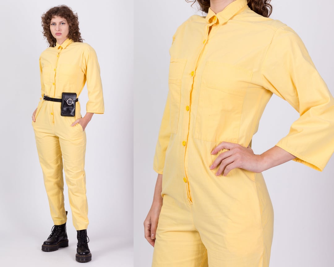 【PORTERNA】Aru cotton jumpsuit 80s Yellow Cotton Jumpsuit - Medium | Vintage Button Up