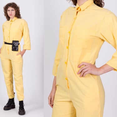 80s Yellow Cotton Jumpsuit - Medium | Vintage Button Up Collared Coverall Pantsuit 