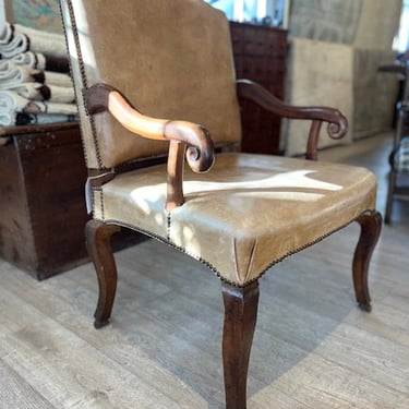 Antique French Provincial Oak Library Chair w/leather Upholstery