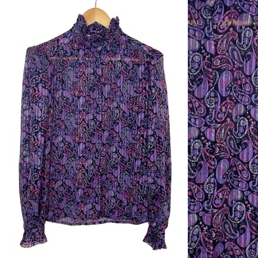 1980s purple, black and pink ruffled collar paisley blouse - size M 