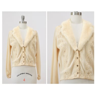 50s Vintage Cream Mink Fur Collar Beaded Cardigan Sweater Rhinestone Buttons Small Medium Vintage Wedding Fur Collared Cashmere Cardigan 