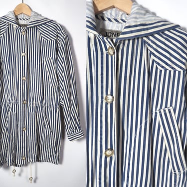 Vintage 90s Cotton Lightweight Spring/Summer Nautical Navy Blue Striped Drawstring Chore Jacket Size Oversized S 