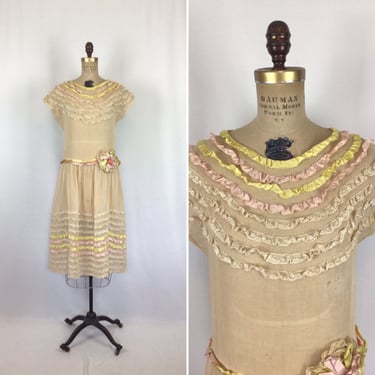Vintage 20s Dress | Vintage ruffle cotton dress | 1920's ribbon lace flapper dress 