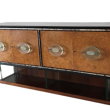 Italian Art Deco Modern Credenza Cabinet with Fontana Arte Glass Handles and Supports