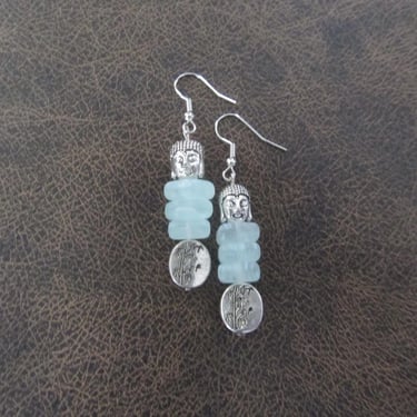 Buddha earrings, green frosted glass and silver earrings 