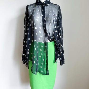 Vintage 1980s Black & Silver Polka Dot Sheer Blouse / fits many 