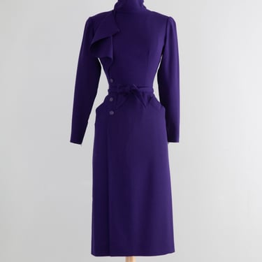 Chic 1970's Nina Ricci Crown Royal Wool Crepe 1940's Style Dress / Small