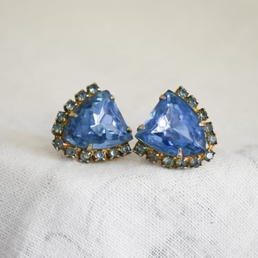 1950s Blue Rhinestone Screw Back Earrings 