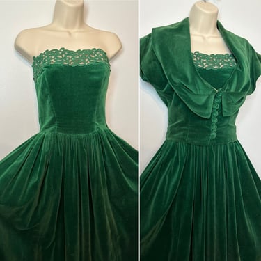 40’s-50’s era elegant Emerald green Velvet dress by Nicholas Ungar~ Lovely strapless full gown with corset bolero jacket~XSM 