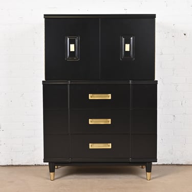 John Widdicomb Hollywood Regency Campaign Black Lacquered Gentleman’s Chest, Newly Refinished