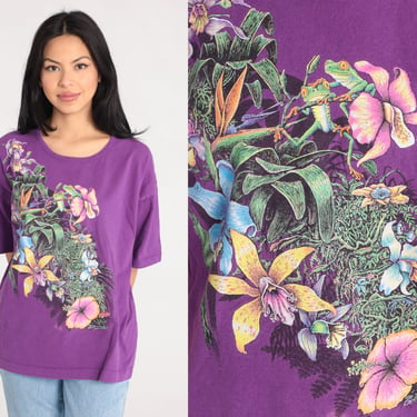 Floral T Shirt 90s Tree Frog Flower Print Graphic Tee Tropical Purple T Shirt Jungle Botanical Retro Vintage 1990s Tshirt Extra Large xl 