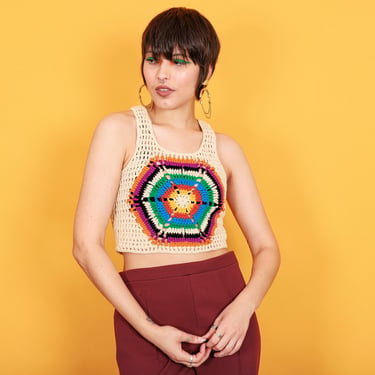 60s Beige Rainbow Crochet Crop Top Vintage Colorful Sleeveless Knitted Crocheted Blouse 
