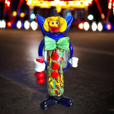 Vintage Art Glass Clown Multicolor Hand Blown Polished Base Glass Clown Figure 