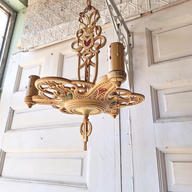 Art Deco Cream Color Chandelier, Three Bulb Light, Antique Riddle Light, Polychrome Light, Cast Metal Light, Antique Chandelier 070101 