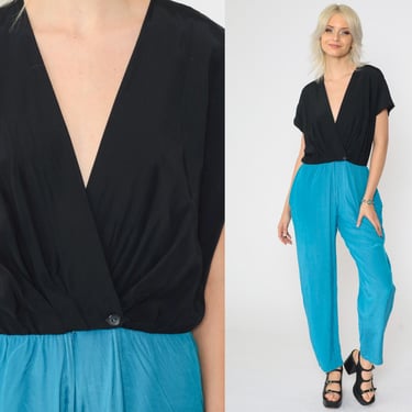 Vintage Tapered Jumpsuit 80s 90s Black Blue Color Block Playsuit High Waisted Romper Pants V Neck Wrap Pantsuit Short Sleeve Rayon Small 