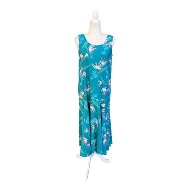 Vintage Made in Hawaii Mumu Dress Aqua Birds Paradise Floral Luau Sleeveless M 