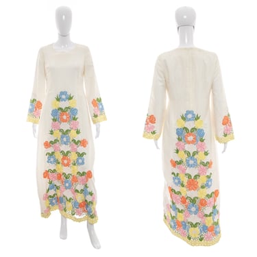 1960's White Cascading Floral Embroidery Maxi Dress Size M/L