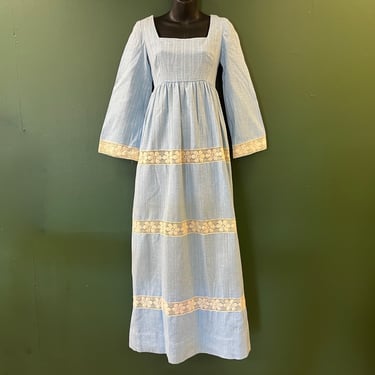 vintage Mexican wedding dress boho blue lace prairie gown small 