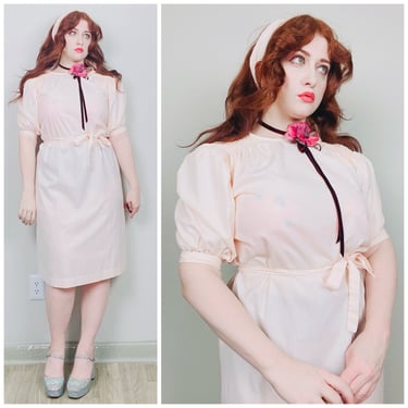 1970s Vintage Pastel Peach Cotton Smocked Should Dress / 70s Pink Puffed Sleeve Belted Shift Dress / Medium 