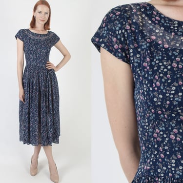 Pretty 50s L'Aiglon Simple Floral Print Sundress, Vintage Circle Skirt Summer Designer Dress, Romantic Bouquet Flower Material 