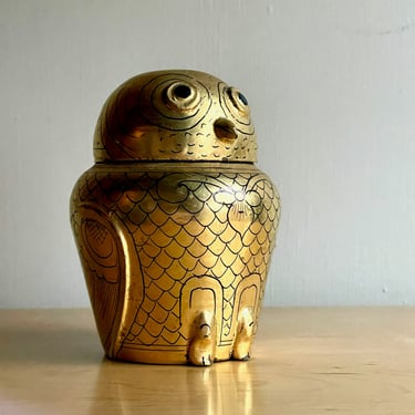 Vintage Gold Owl Cannister Egyptian Revival Style Pharaohs Urn Gold Leaf Painted Container Jar 