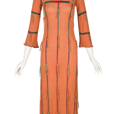 1970s Vintage Fringe Terracotta Intarsia Knit Maxi Dress 