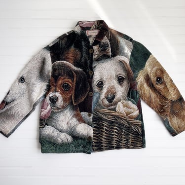 dog tapestry jacket 90s vintage puppy woven blanket chore coat 