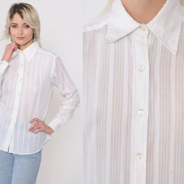 70s Sheer White Shirt Striped Button Up Disco Shirt Retro Collared Top Long Sleeve Blouse Dagger Collar Vintage 1970s Small 