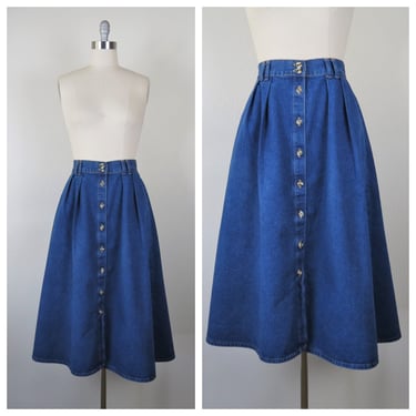 Vintage 1980s denim skirt, full, midi, button front,  with pockets, dark wash, size large 