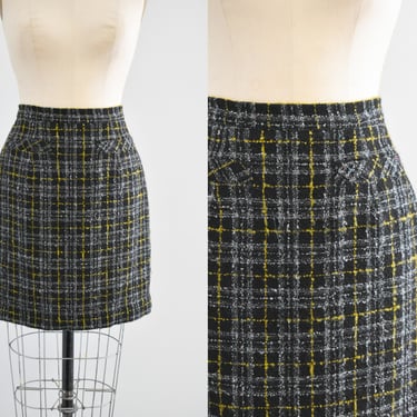 1990s Black Plaid Wool Blend Mini Skirt 
