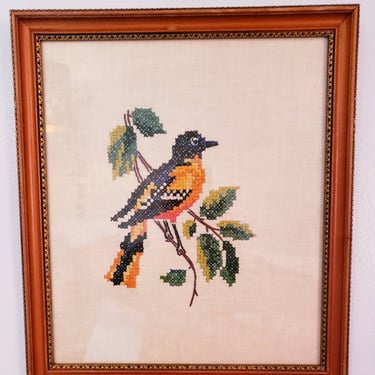 Baltimore Oriole Bird Crosstitch needlepoint framed wall decor 