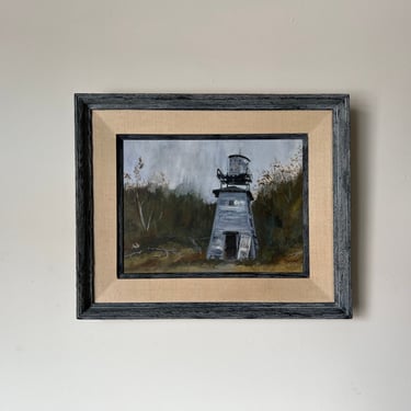 70's Vintage Florine Lighthouse Landscape Oil on Canvas Painting 