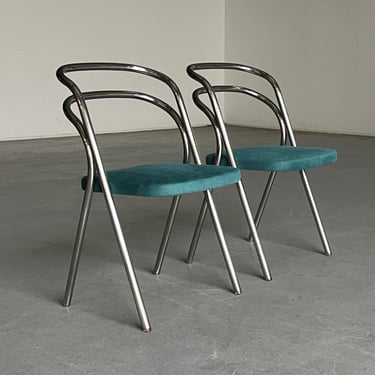 Pair of Vintage Mid-Century Modern 'Santina' Dining Chairs by Carlo Santi for Zanotta, Turquoise Upholstery and Chromed Steel, 1970s Italy 