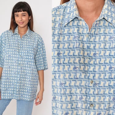 Geometric Button Up Shirt 90s Palm Tree Shirt Tropical Blue Yellow Short Sleeve Vintage 1990s Pocket Shirt Cotton Men's Large L 