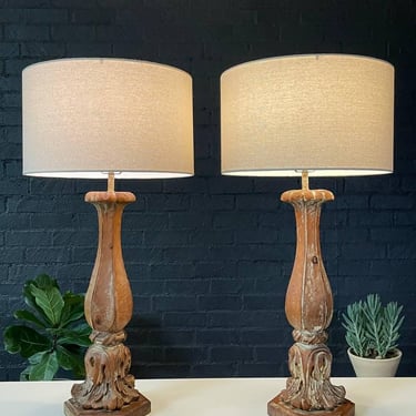 Pair of Italian Provincial Painted & Carved Wood Column Table Lamps, c.1940’s 