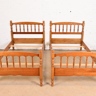 Stickley American Colonial Carved Cherry Wood Twin Size Spindle Beds, Pair