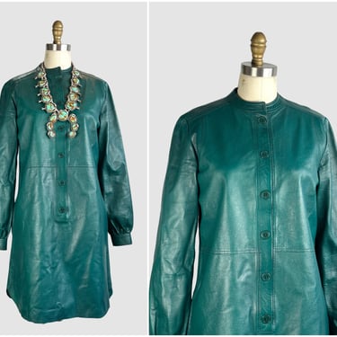 DEREK LAM Forest Green Leather Shirt Dress | Mini Tunic New York American Designer | Fall Winter, Minimalist, Modern Mod | Size Small 